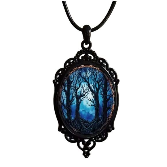 Gothic Oval Pendant Mysterious Deep Blue Forest Scene Statement Necklace Witchy - Picture 1 of 4